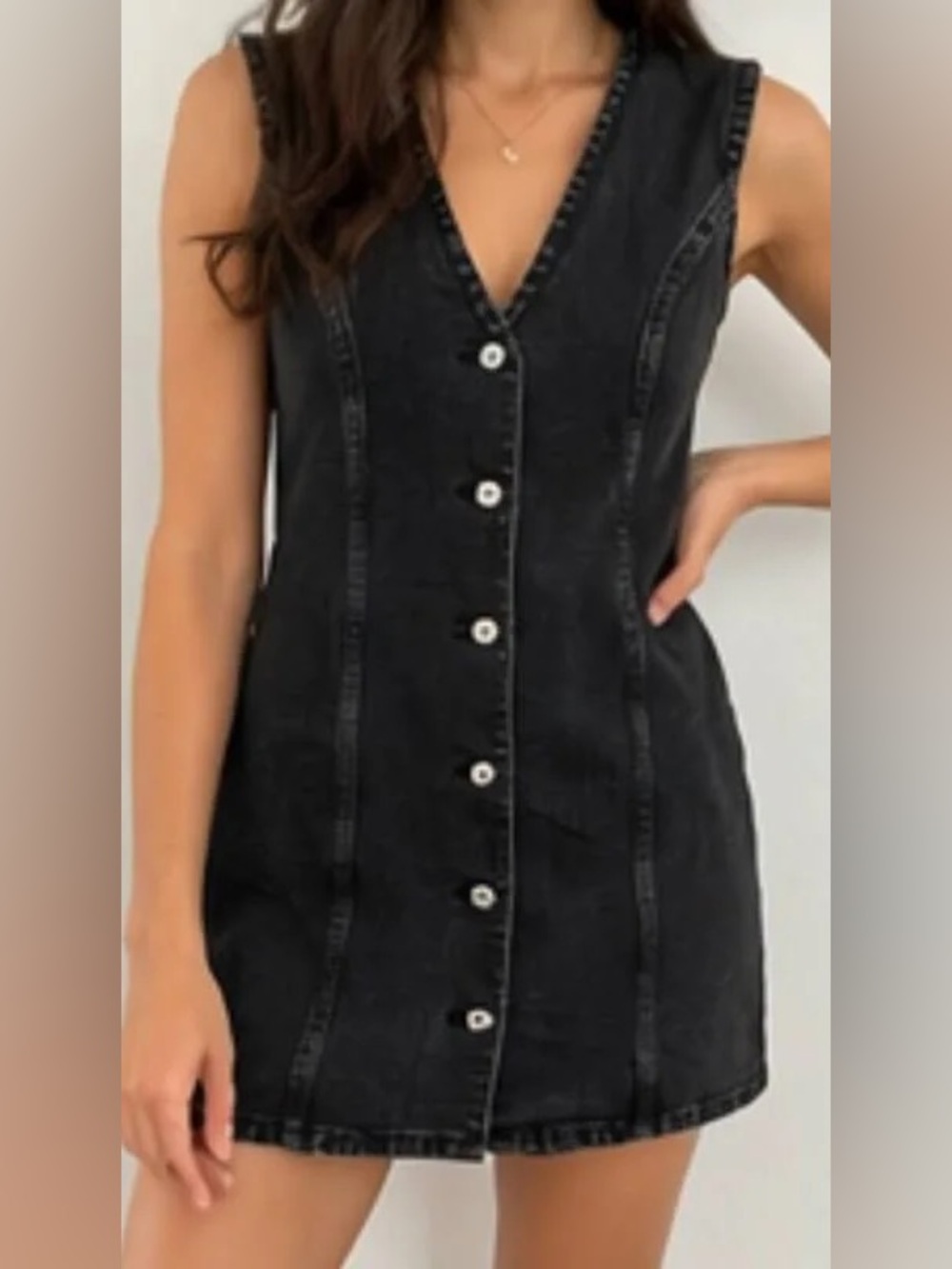 Black denim v-neck button down dress